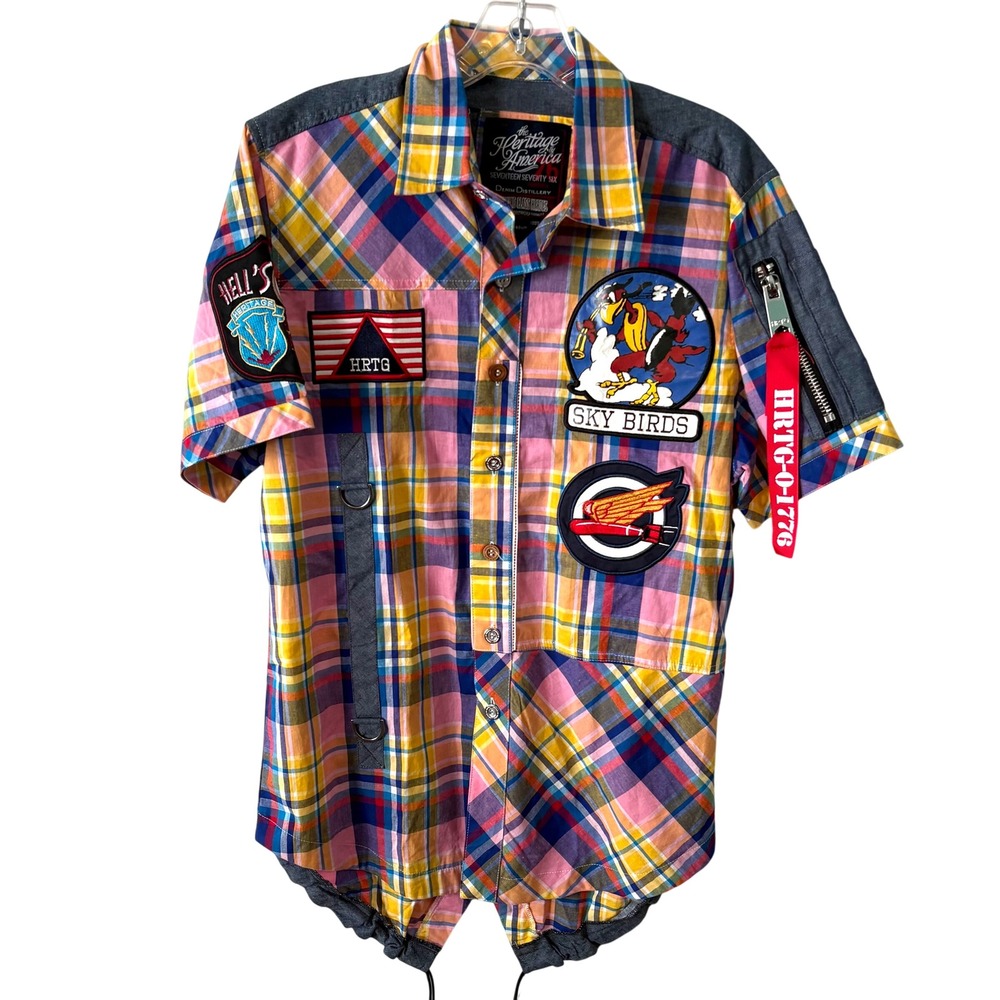 Heritage America Men's Casual Plaid Short Sleeved Patchwork Shirt in Size M‎